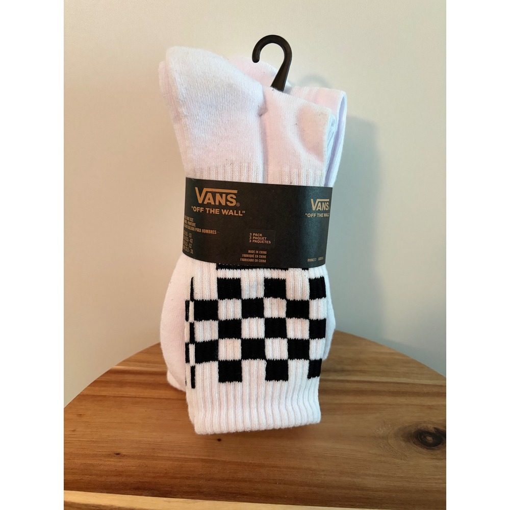 Men's Vans Classic Checkered Crew 3 Pack White Multi Colored Socks NEW